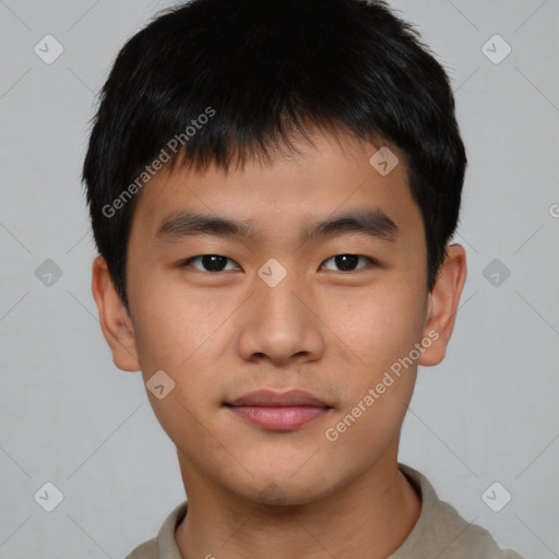 Neutral asian young-adult male with short  brown hair and brown eyes