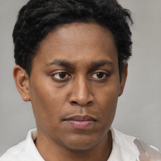Neutral black young-adult male with short  brown hair and brown eyes