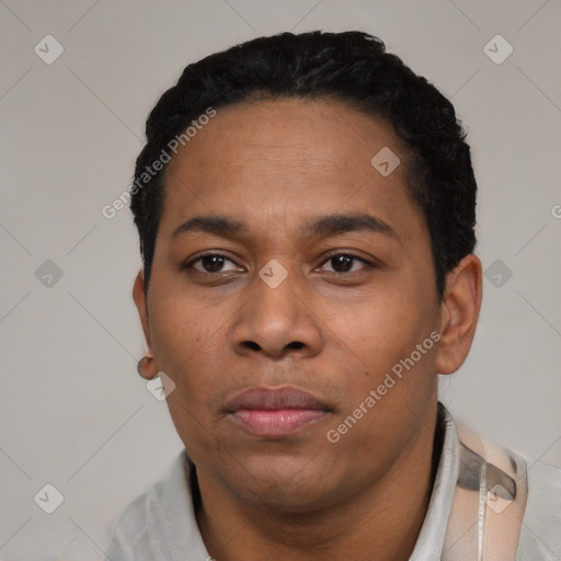 Neutral latino young-adult male with short  black hair and brown eyes