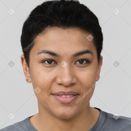 Joyful latino young-adult female with short  brown hair and brown eyes