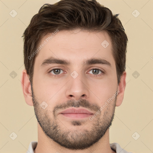 Neutral white young-adult male with short  brown hair and brown eyes