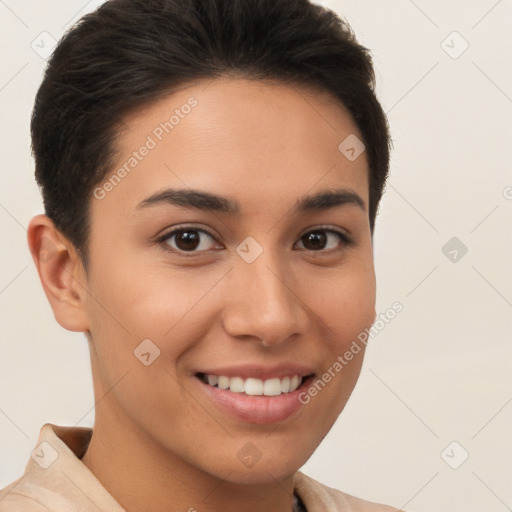 Joyful white young-adult female with short  brown hair and brown eyes