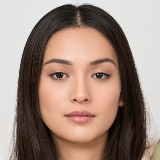 Neutral asian young-adult female with long  brown hair and brown eyes