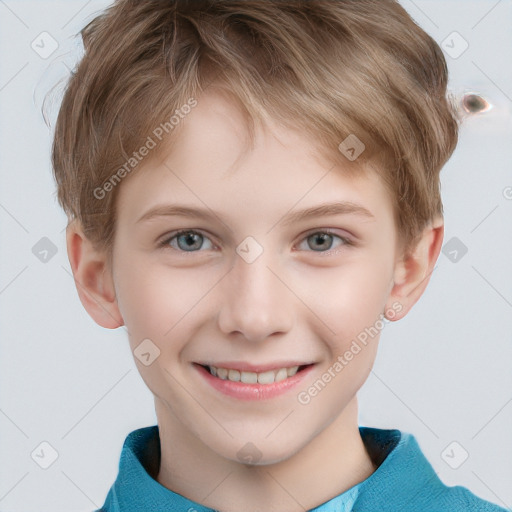 Joyful white child male with short  brown hair and grey eyes