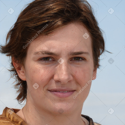 Joyful white adult female with medium  brown hair and blue eyes