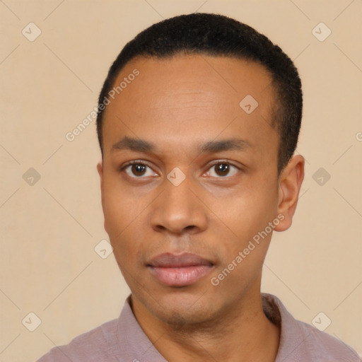 Neutral black young-adult male with short  black hair and brown eyes