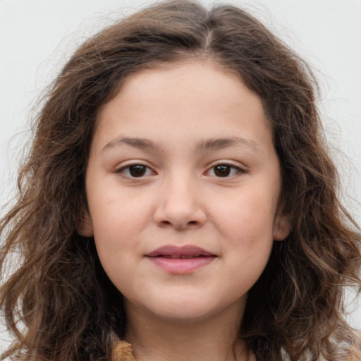 Joyful white child female with long  brown hair and brown eyes