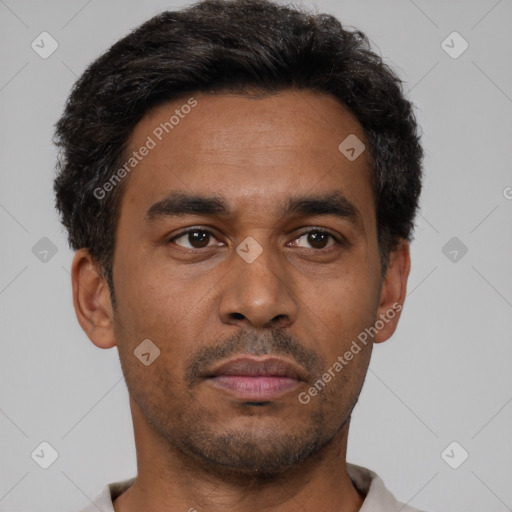 Neutral latino young-adult male with short  black hair and brown eyes