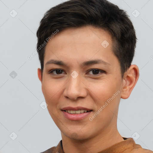 Joyful white young-adult female with short  brown hair and brown eyes