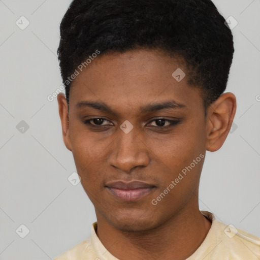 Neutral latino young-adult female with short  black hair and brown eyes
