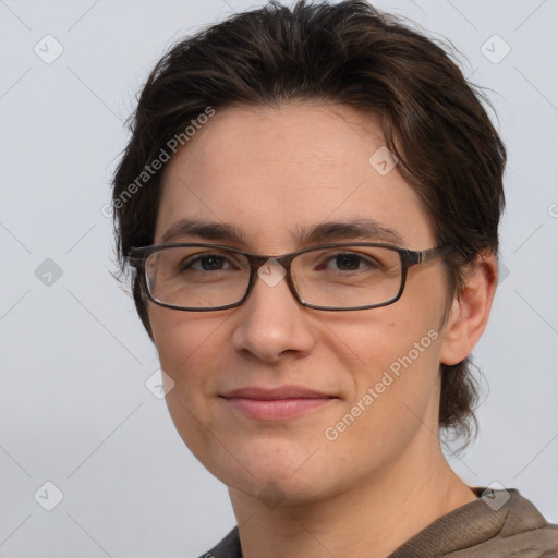 Joyful white young-adult female with short  brown hair and brown eyes