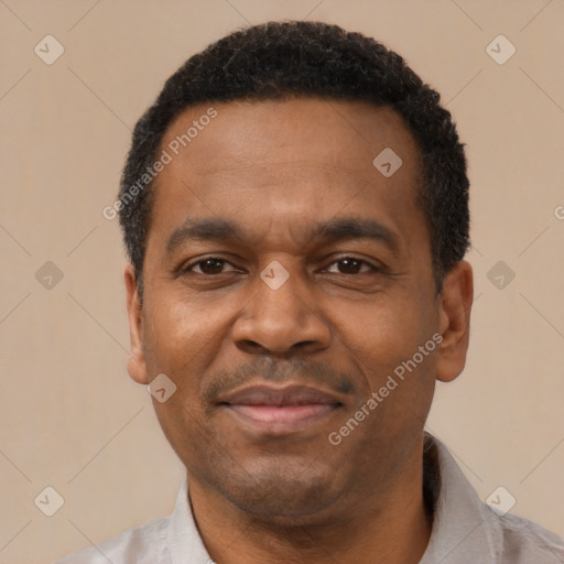Joyful latino adult male with short  black hair and brown eyes