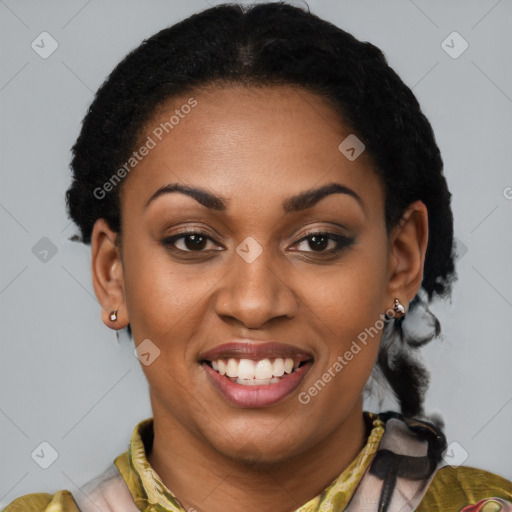 Joyful latino young-adult female with short  brown hair and brown eyes