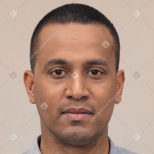 Neutral latino young-adult male with short  black hair and brown eyes