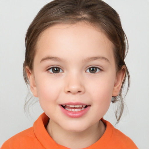 Joyful white child female with medium  brown hair and brown eyes