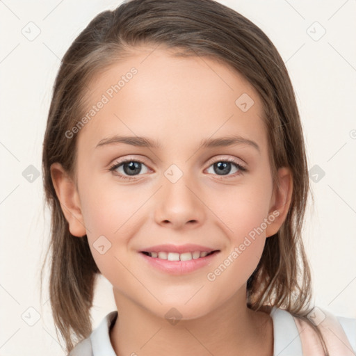 Joyful white child female with medium  brown hair and grey eyes