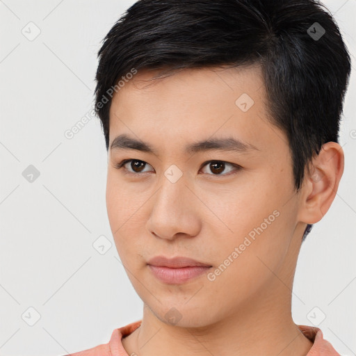 Neutral white young-adult male with short  black hair and brown eyes