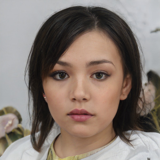 Neutral asian young-adult female with medium  brown hair and brown eyes