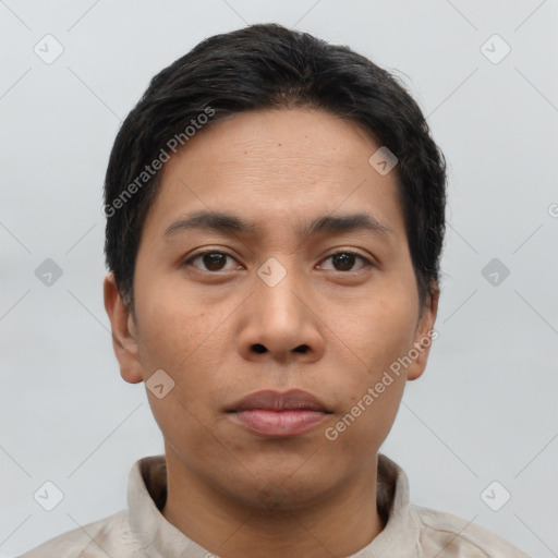 Neutral asian young-adult male with short  black hair and brown eyes