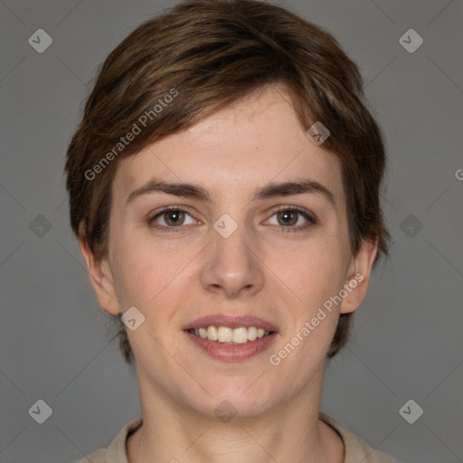 Joyful white young-adult female with short  brown hair and grey eyes