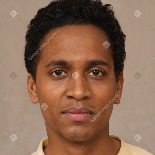 Neutral black young-adult male with short  black hair and brown eyes
