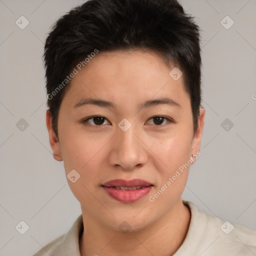 Joyful asian young-adult female with short  brown hair and brown eyes