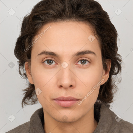 Neutral white young-adult female with medium  brown hair and brown eyes