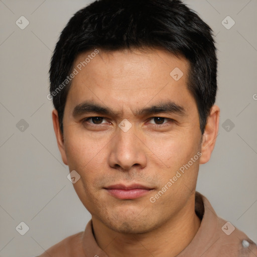 Neutral asian young-adult male with short  black hair and brown eyes