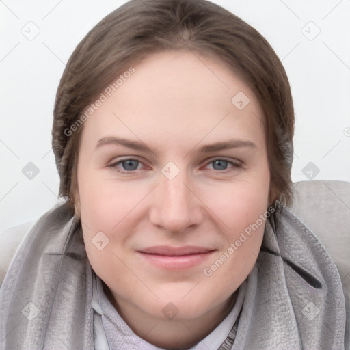 Joyful white young-adult female with medium  brown hair and blue eyes