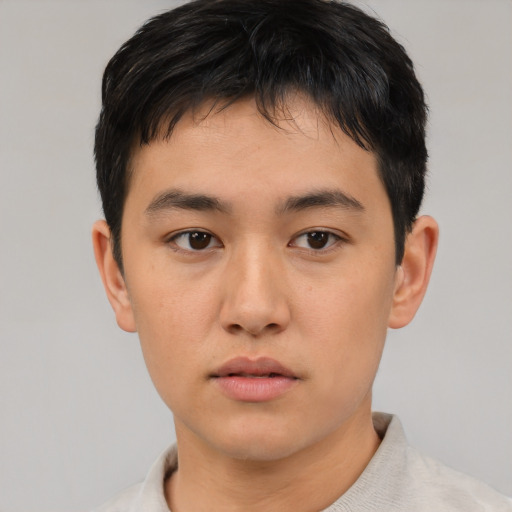 Neutral asian young-adult male with short  black hair and brown eyes