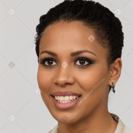 Joyful latino young-adult female with short  brown hair and brown eyes