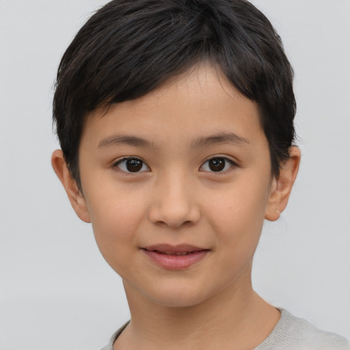 Joyful asian child female with short  brown hair and brown eyes