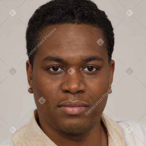 Neutral black young-adult male with short  black hair and brown eyes