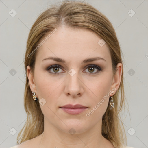 Joyful white young-adult female with medium  brown hair and grey eyes