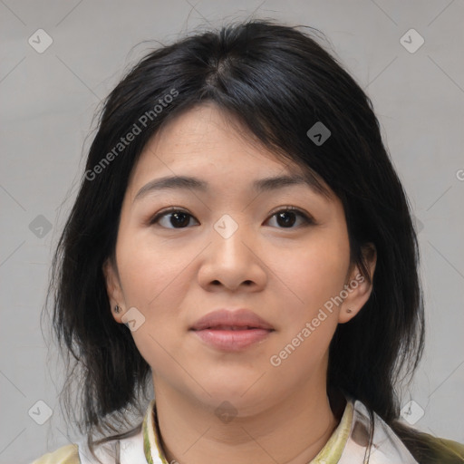 Neutral asian young-adult female with medium  brown hair and brown eyes