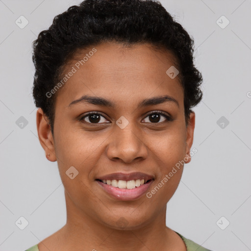 Joyful latino young-adult female with short  brown hair and brown eyes