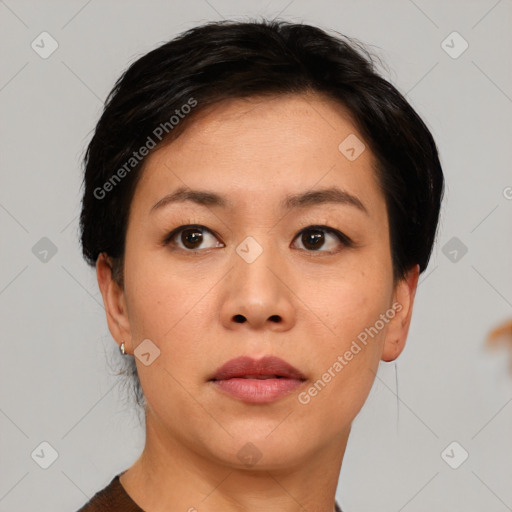 Neutral asian young-adult female with short  black hair and brown eyes