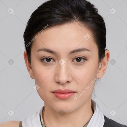 Neutral white young-adult female with short  brown hair and brown eyes