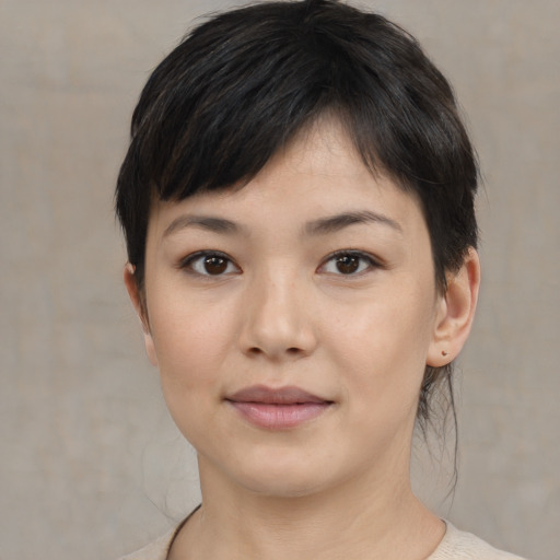 Neutral white young-adult female with medium  black hair and brown eyes