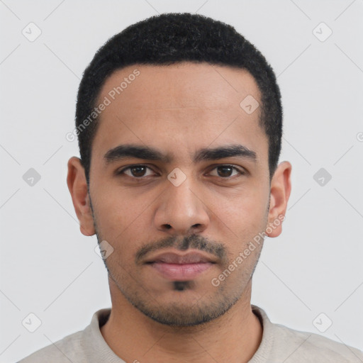 Neutral latino young-adult male with short  black hair and brown eyes