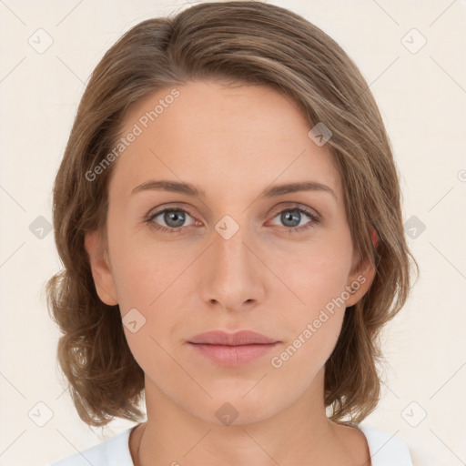 Neutral white young-adult female with medium  brown hair and green eyes