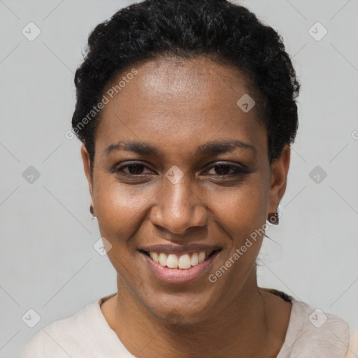 Joyful black young-adult female with short  black hair and brown eyes