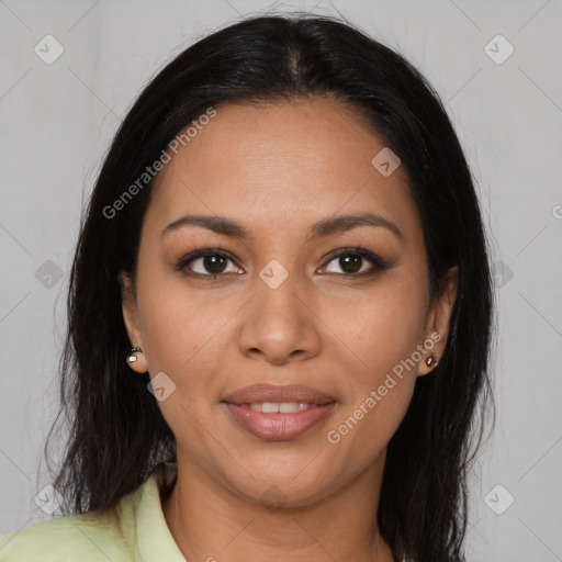 Joyful latino young-adult female with long  brown hair and brown eyes