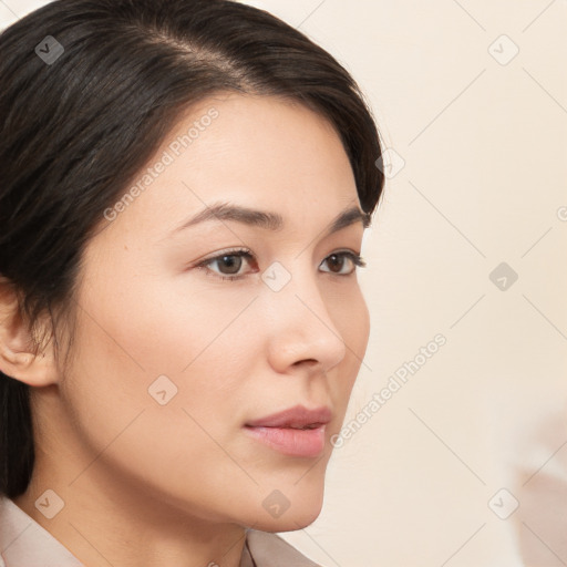 Neutral white young-adult female with medium  brown hair and brown eyes