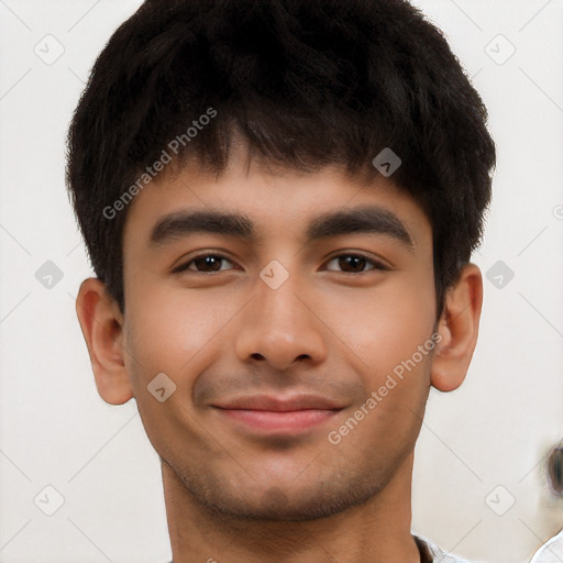 Joyful latino young-adult male with short  brown hair and brown eyes