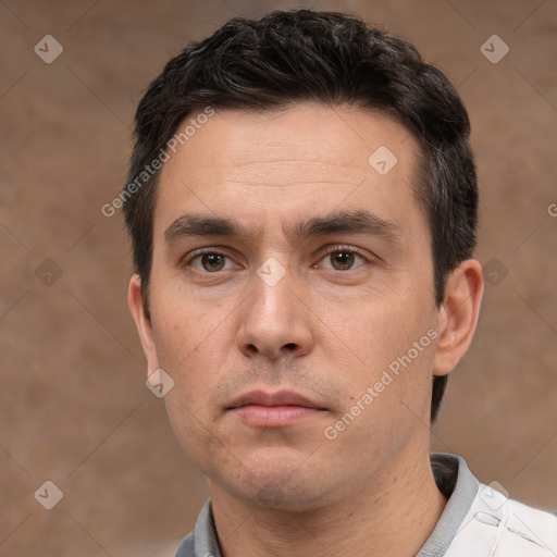 Neutral white adult male with short  black hair and brown eyes