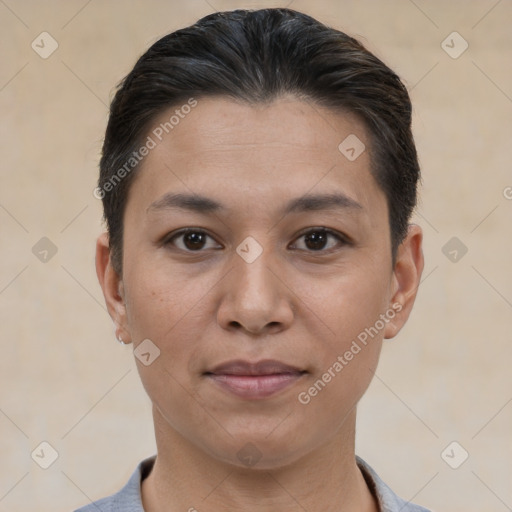 Joyful white young-adult female with short  brown hair and brown eyes