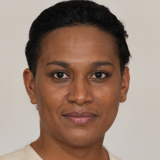 Joyful black adult female with short  black hair and brown eyes