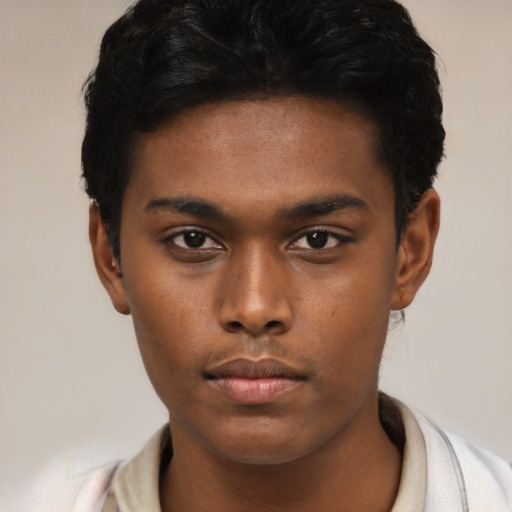 Neutral latino young-adult male with short  black hair and brown eyes