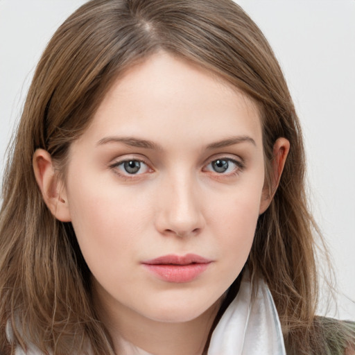 Neutral white young-adult female with long  brown hair and grey eyes